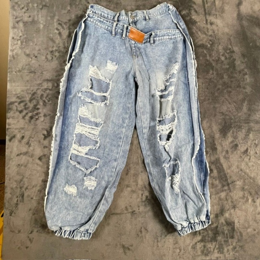 Distressed Double Waistband Denim Joggers Light Wash Raw Edge L